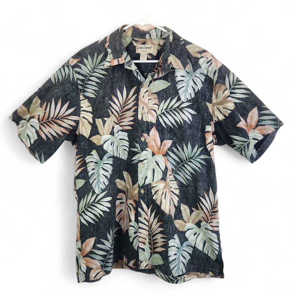 Vtg Cooke Street Hawaiian Shirt XL Black Reverse Print Tropical Made In Hawaii